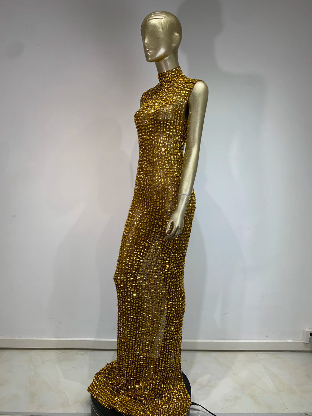 Gold embellished mock neck maxi dress