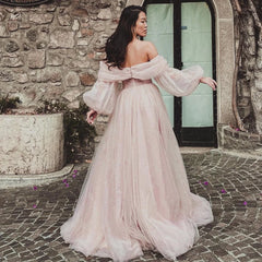 Pink Shiny Tulle Off The Shoulder Long Puff Sleeve Slit Prom Dress Golden Atelier