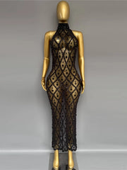 Sheer Rhinestone High Neck Tank Maxi Dress