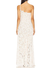 One-shoulder ruffled lace maxi dress back view