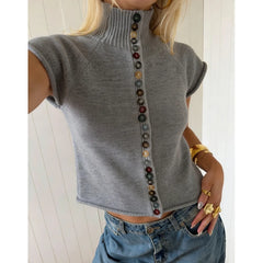 Turtleneck High Neck Knit Short Sleeve Button Front Crop Top