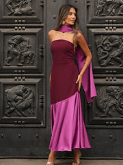 Satin Patchwork With Scarf Off Shoulder Long Dress