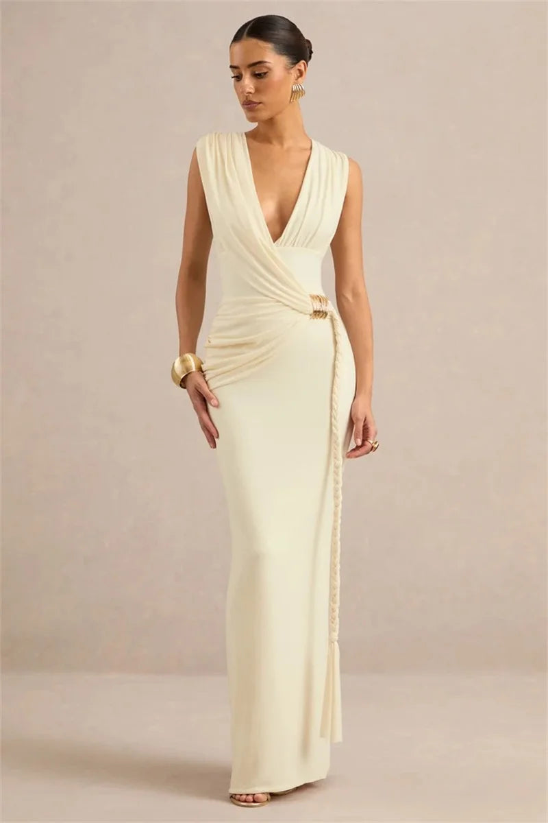 Cream draped sleeveless maxi dress with gold accessory detail