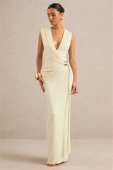 Cream draped sleeveless maxi dress with gold accessory detail