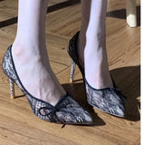Pointed Toe Lace Bow Mesh Flat-heeled Women's Pump Shoes