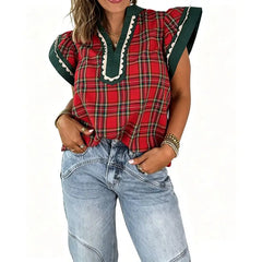 Plaid V-Neck Ruffle Sleeve Top