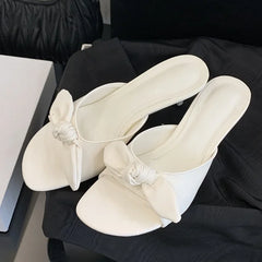 White satin bow slide heels