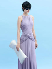 Purple Sleeveless Folds Draped Halter Neck Maxi Dress