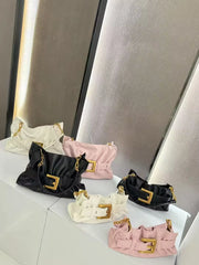 Ruched Microfiber Baguette Shoulder Bag – Black, Ivory & Blush Pink