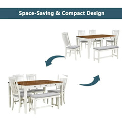 Farmhouse dining table set with 4 upholstered dining chairs and 1 bench, U.S. Origin.