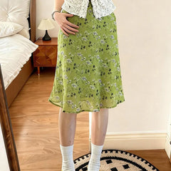 Close-up of floral A-line midi skirt waist