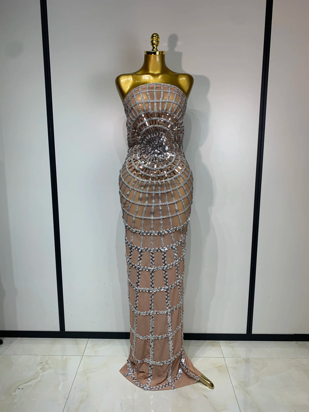 Strapless sheer mesh sequin embellished column maxi dress in silver.
