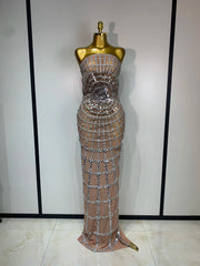 Strapless sheer mesh sequin embellished column maxi dress in silver.