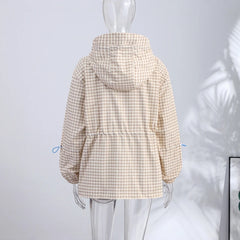 Gingham Drawstring Waist Hooded Jacket