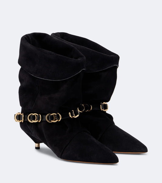 Pointed toe wrinkled ankle boots in black suede with gold hardware