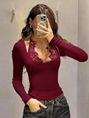 Burgundy lace halter top and jeans set