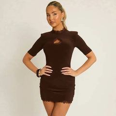 Mock Neck Lace Hollow Out Trim Mini Dress