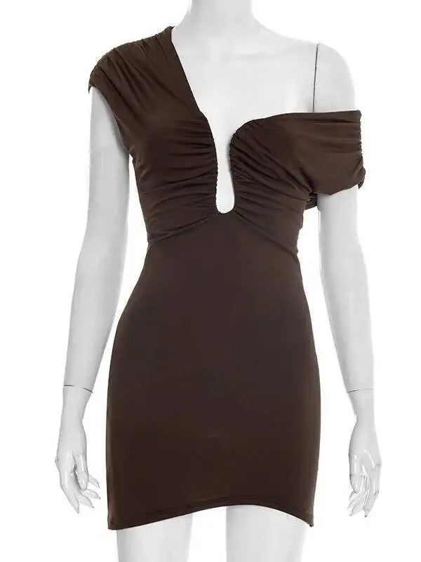 Brown off-shoulder dress on a mannequin against a white background