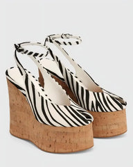 Zebra print wedge platform heels with peep toe and ankle strap
