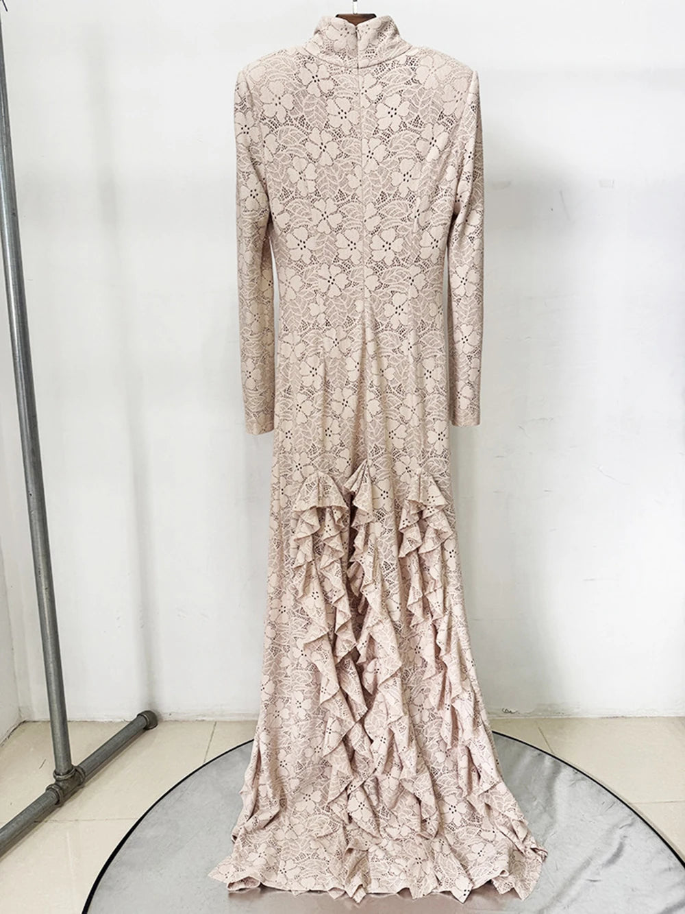 Lace turtleneck long sleeve ruffled maxi dress back on hanger
