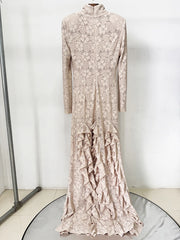 Lace turtleneck long sleeve ruffled maxi dress back on hanger