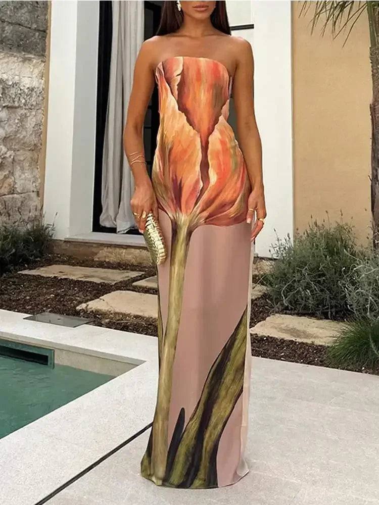 Strapless Printed Open Back Sleeveless Bodycon Long Dress Golden Atelier