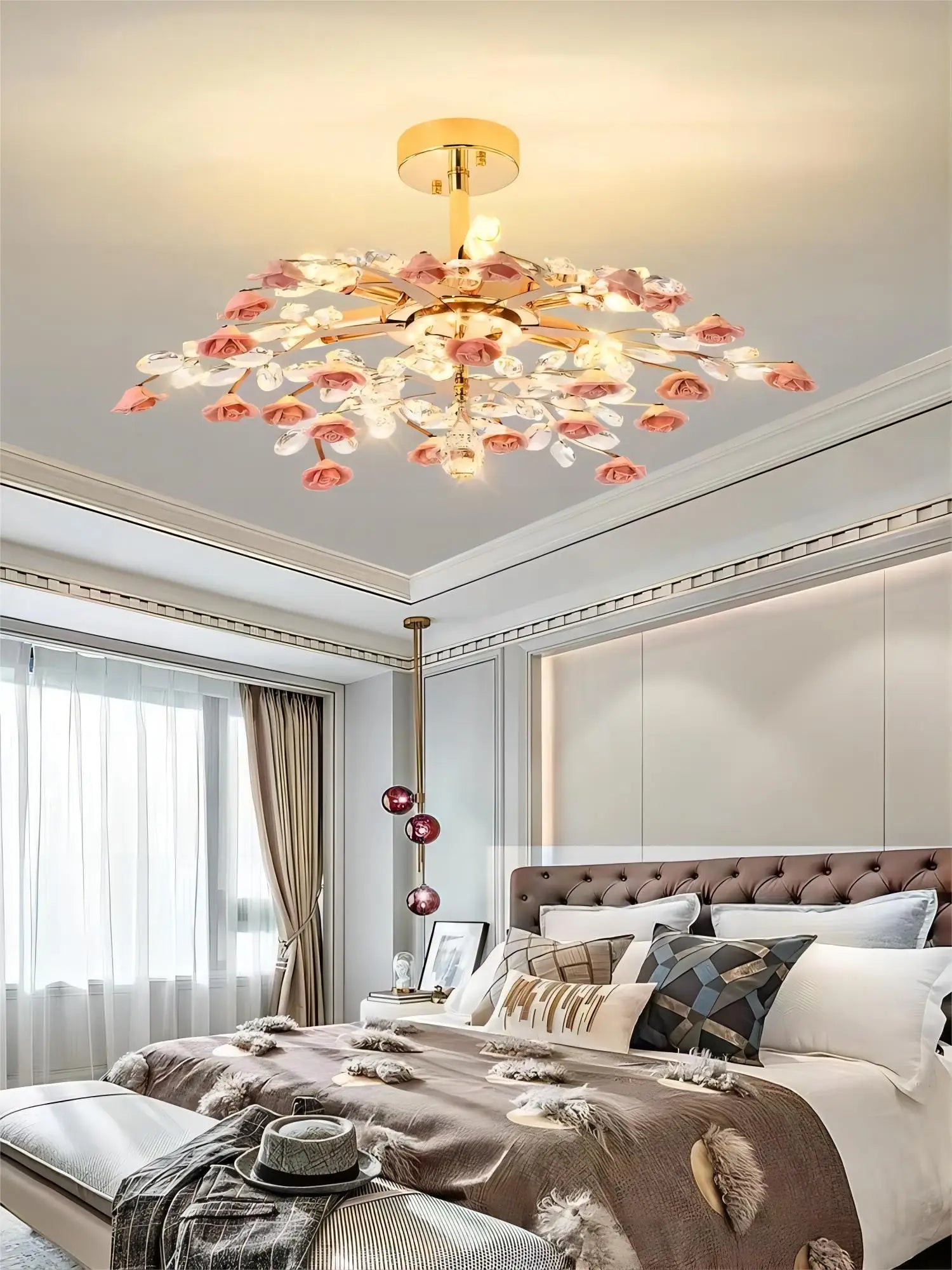 Modern American Luxury Ceramic Flower Crystal Ceiling Light Nordic  Living Room Dining Room Bedroom LED Ceiling Lamp Golden Atelier 1