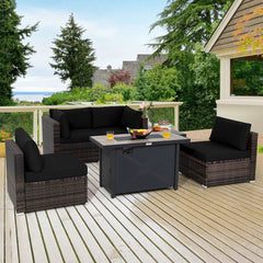 6PCS Patio Furniture Set Rattan Cushioned Sofa Gas Fire Pit Table Black