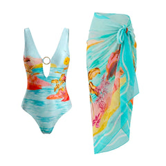 Swimwear Set with tropical landscape print and matching cover-up
