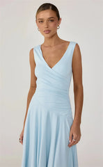 V-Neck Wrap Sleeveless Ruched Midi Dress