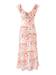 Ruffled V-neck sleeveless A-line midi dress with tie detail.