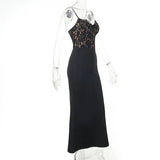 Lace Patchwork V-neck Spaghetti Strap Black Long Dress