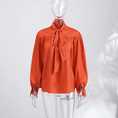 Standneck Long Sleeve Blouse with Fold Ribbon and Button Cuffs