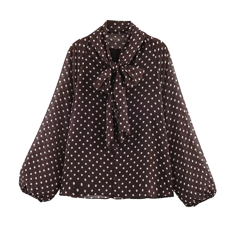 Brown blouse with white polka dots on a white background