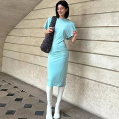 Solid Half Sleeve O-Neck Midi Dress