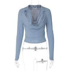 Cowl Neck Collar Long Sleeve Cropped Shirt