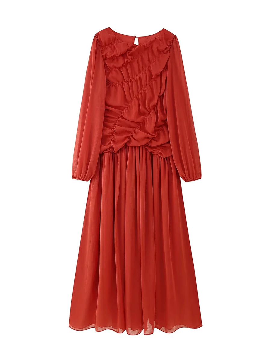 Red dress with ruffled details on a white background