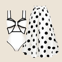 Bow Detail Polka Dot Tankini Swimsuit with Skirt