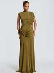 Green draped mock neck sleeveless maxi dress