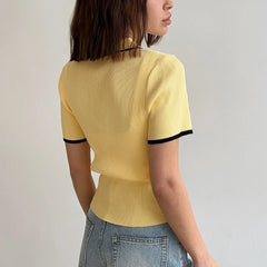 Ribbed Knit Polo Collar Short Sleeve Contrast Trim Cropped Top