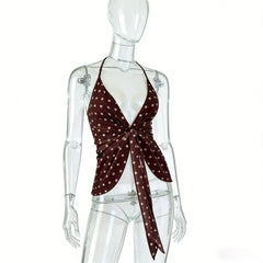 Brown Polka Dot Tied Up Crop Top