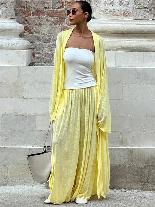 Yellow 2-Piece Lounge Set – Lightweight Cardigan & High-Waist Palazzo Trousers