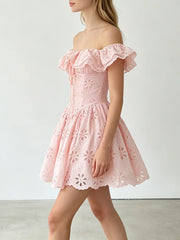 Off-the-Shoulder Ruffled Eyelet Mini Dress