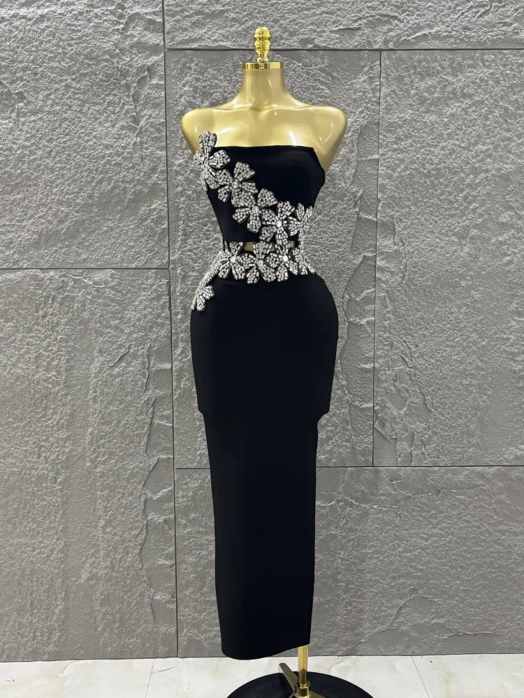 Black diamond flower two-piece bodycon long dress.

