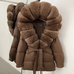 Brown puffer coat with fur trim 