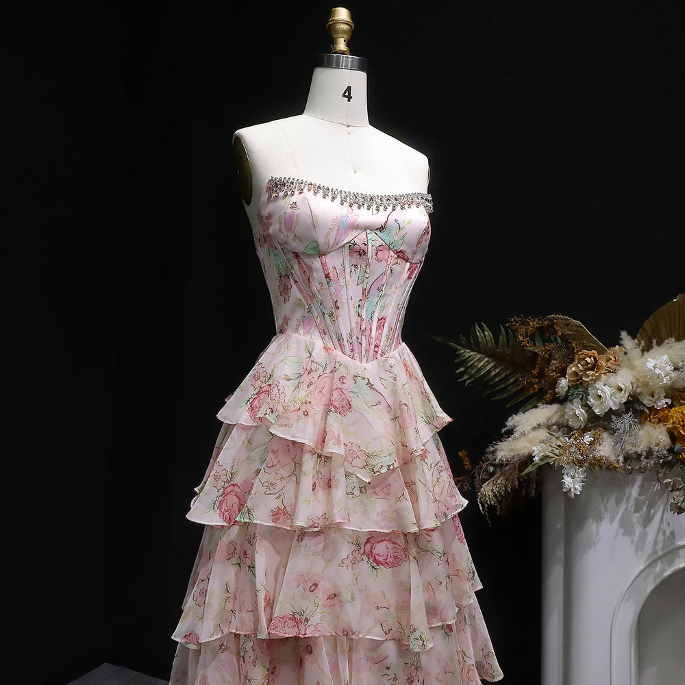 Floral dress on a mannequin with a dark background