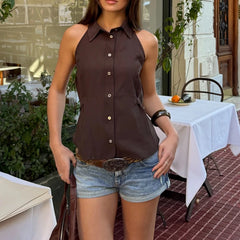 Brown collared halter peplum top with side belt