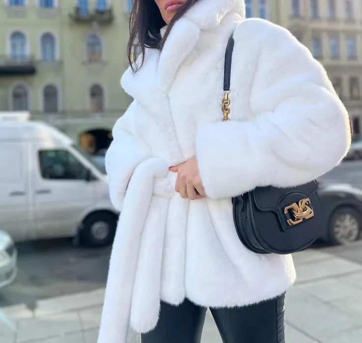 White Belted Thick Fluffy Plush Jacket