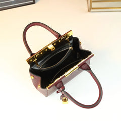 Structured Leather Top Handle Bag With Gold Hardware
