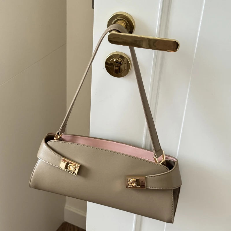 Khaki leather shoulder bag with gold lock detail